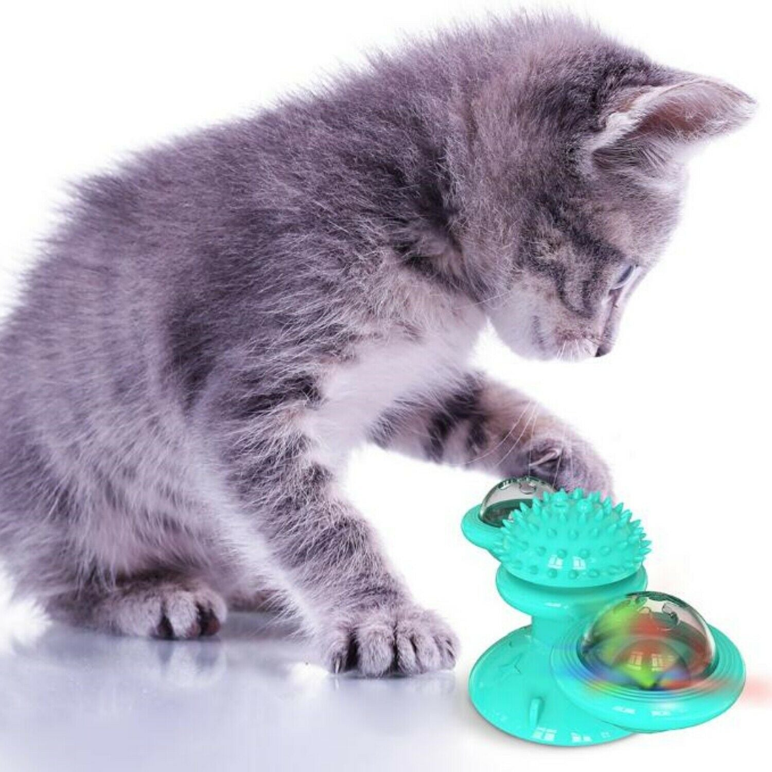 New Windmill Cat Toys Cute Rotating Interactive Cat Toy - Indoor Windmill Cat Toy With Suction Cup Catnip & Jagged Teeth Middle Ball, Smart Kitten Rotating Spinner Exercise Toy, Toothbrush & Massager